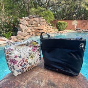 NWT Giani Bernini Black Pebble Leather Tote with Printed Floral Extra Bag (CSR)